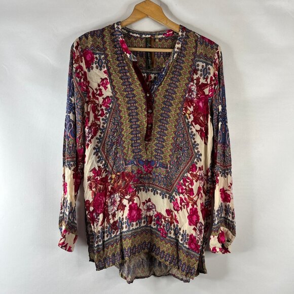 Aratta Silent Journey Womens Tunic Blouse Shirt Top Size Large Pink Floral Boho - Picture 2 of 13